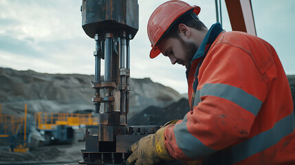 Laborer repairing mining machinery at the lithium site. Featuring machinery repair