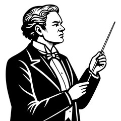 Elegant Male Conductor Leading Orchestra with Baton in Formal Attire Vector Illustration