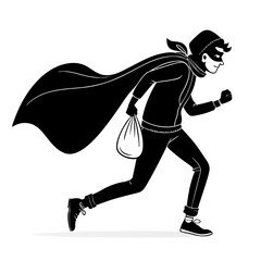 Fototapeta premium Dynamic Cartoon Thief Running with Bag and Cape in Bold Black and White Style