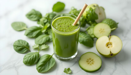 Refreshing Green Smoothie: Vibrant Glass, Fresh Herbs, and Sliced Fruit