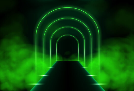 Green LED tunnel in the form of an arch with smoke. 3D vector illustration isolated on a dark background.