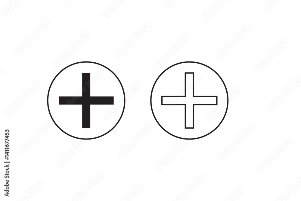 Poster round plus and minus icons set with different thicknesses. vector.
