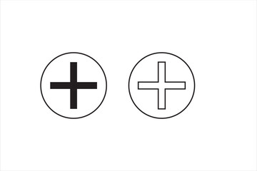 Round plus and minus icons set with different thicknesses. Vector.