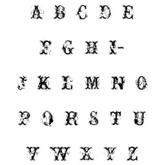 Vintage decorative alphabet featuring capital letters embellished with floral and vine-like flourishes, ideal for monograms and designs