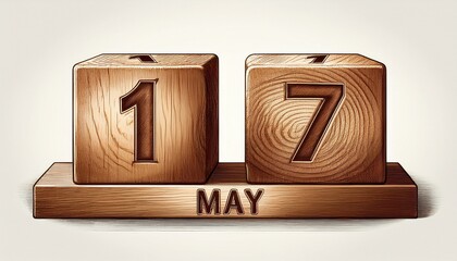 Illustration of wooden blocks with date 17 May. Day and month, simple calendar