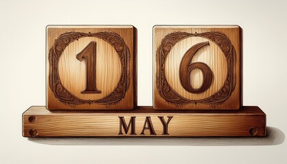 Illustration of wooden blocks with date 16 May. Day and month, simple calendar