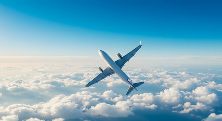 Fototapeta premium Flying above clouds clear blue sky airplane in flight