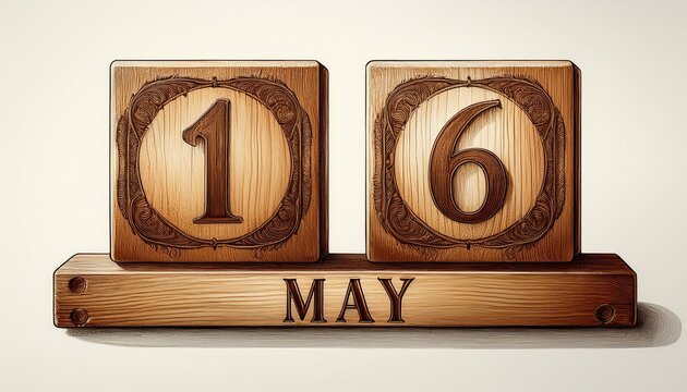 Illustration of wooden blocks with date 16 May. Day and month, simple calendar