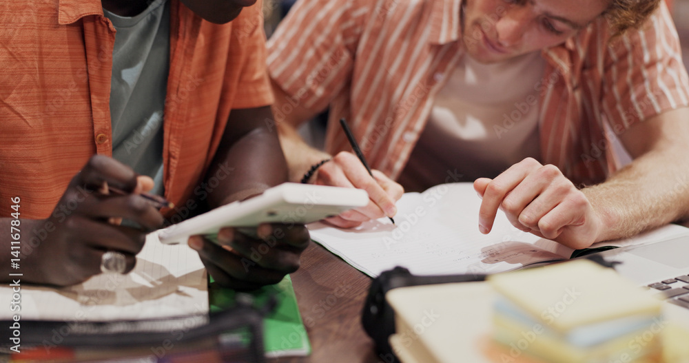 Poster Hands, students and writing with calculator for project, math and prepare for exam, assessment or test. People, books and problem solving for education, learning and study for development at college