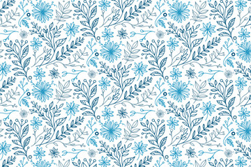 blue floral design in one line style with sketch outlines for wrapping applications kitchen textiles and pillow covers

