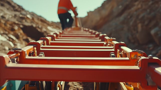 Laborer securing mining equipment at a lithium extraction site. Featuring safety measures