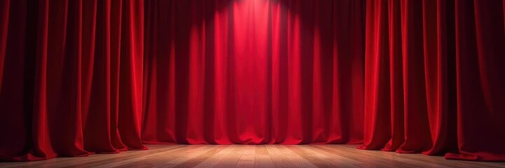 Fototapeta premium Crimson velvet curtains, single spotlight on empty stage, illusion, red
