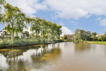 Fototapeta premium A tranquil lakeside scene featuring vibrant greenery along the water's edge, reflecting the clear sky above in a serene environment perfect for relaxation.