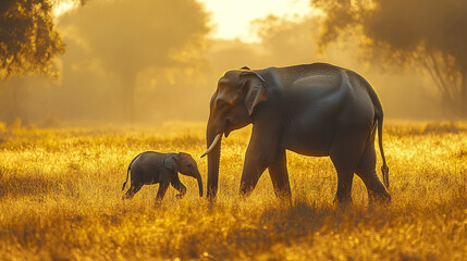 Fototapeta premium Asian elephant mother walking with baby calf in golden light