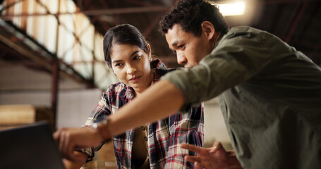 Artisan, people and team with laptop, carpenter and research for craftsmanship in workshop and online. Woodworking, woman and man with tech for furniture business, collaboration and production
