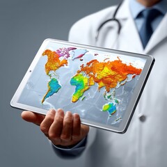 A doctor uses a tablet to study a world map showing disease prevalence - physician dashboard correlation epidemiology
