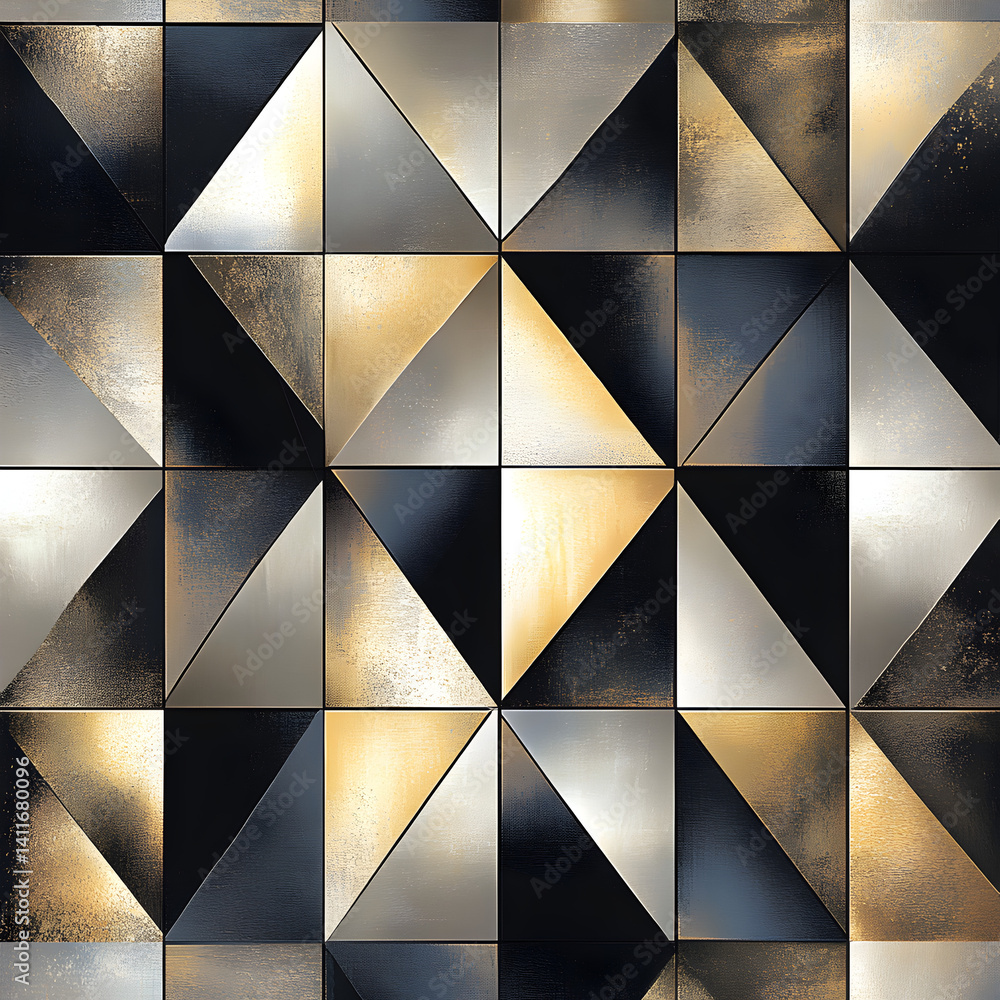 Poster geometric abstraction: metallic triangles create a stunning visual symphony of light and shadow, sho