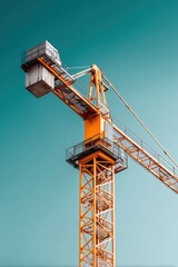 A single, powerful crane stands tall, its shadow cast upon the developing building below against the clear blue sky - sunlight steel construction crane project