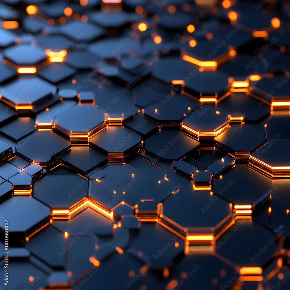 Poster digital hexagon grid with glowing accents: an abstract illustration featuring a complex arrangement 