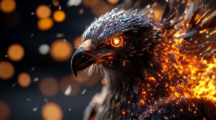 Fiery Eagle Glowing Eyes with Burning Feathers.