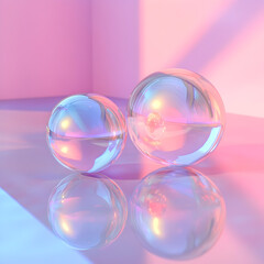 Pastel Glass Spheres: Two iridescent glass spheres rest on a reflective surface, illuminated by soft pastel lighting, creating a dreamy, ethereal atmosphere.