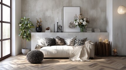 Neutral-toned living room with a comfy white couch, textured throw blanket, and a variety of pillows.  Plants and candles add warmth to the space.