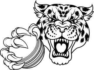 A jaguar, panther, leopard or cheetah wildcat spotted cat cricket sports team mascot holding a ball
