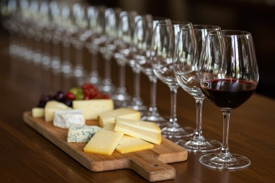 A row of glasses and a cheese board set up for a wine tasting inside a restaurant. A cheese platter the right wine is the perfect pairing for a relaxing and carefree day out, to get away from it all