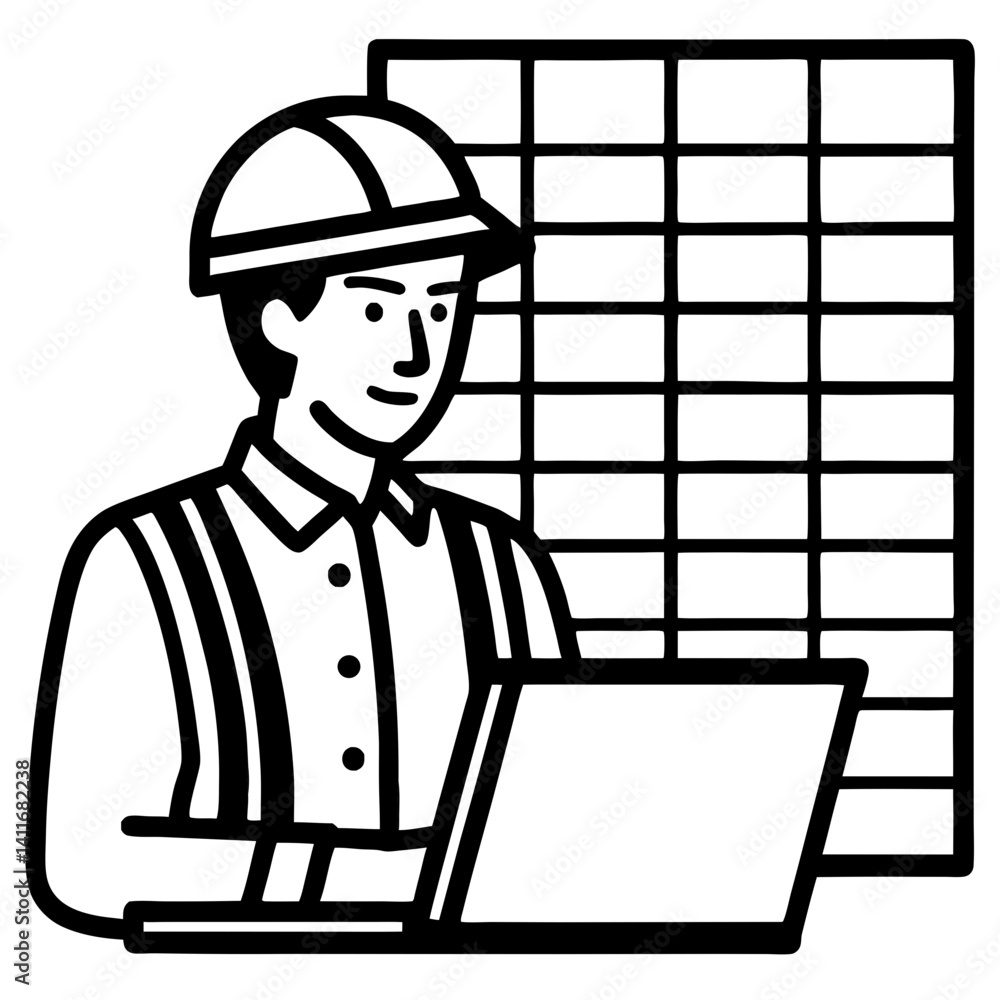 Aufkleber construction worker analyzing data on laptop with graph chart in background for industry use