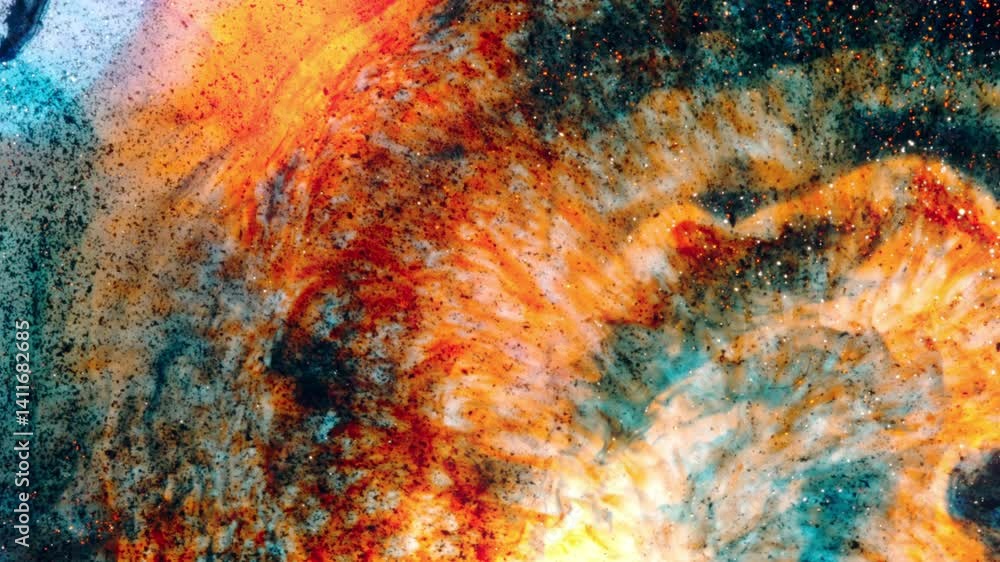 Poster vibrant macro of colorful substances mixing in liquid with a dreamy abstract texture