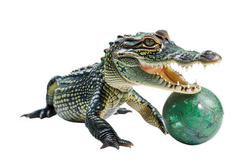 Fototapeta premium A playful crocodile toy engages with a vibrant green ball in a bright studio setting, showcasing whimsical creativity and imagination isolated on transparent background