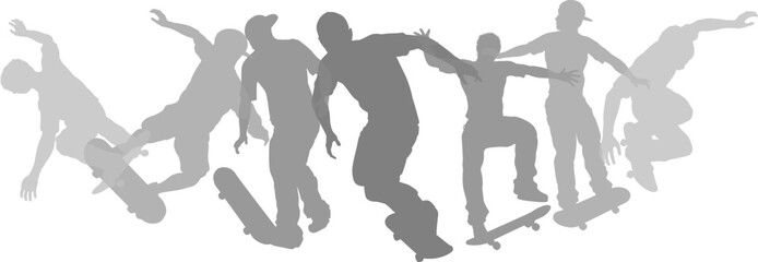 Skateboarders skateboarding on skate boards silhouette people set. Active sports people healthy players fitness silhouettes concept.