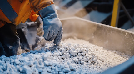 Laborer sorting lithium ore by hand in a processing facility. Featuring manual sorting
