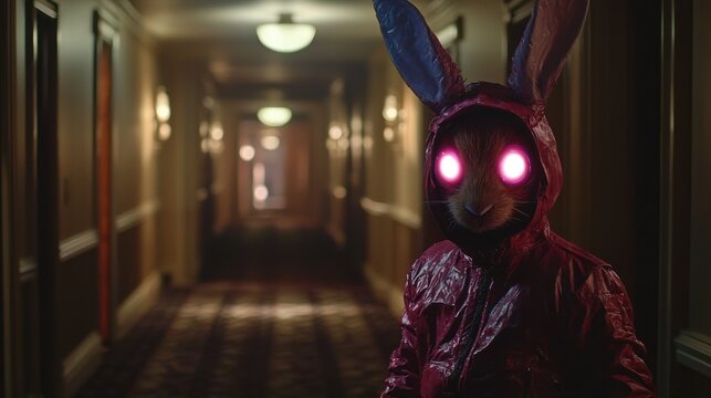 Mysterious creature in rabbit hood, hotel hallway, eerie background.  Possible use  fantasy, horror, or sci-fi promotional image