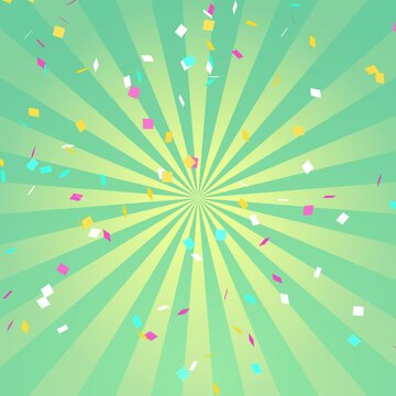 カラフルな紙吹雪と右回転するサンバーストのループ動画（緑）【正方形ビデオ】