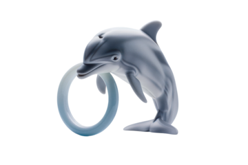 A playful dolphin figurine interacts with a translucent blue ring in a minimalistic studio setting, capturing whimsy and joy in artistry isolated on transparent background