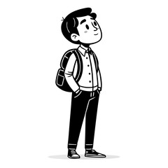 Obraz premium Curious Boy with Backpack Looking Up Illustration Perfect for Children’s Books and Educational Materials