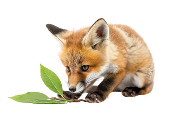 Obraz premium A curious red fox explores green leaves in a bright studio setting, showcasing its playful nature and striking colors isolated on transparent background