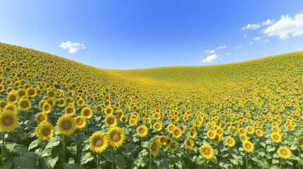 Fototapeta premium Expansive sunflower field under a clear blue sky with vibrant blooms in full sunlight
