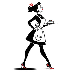 Retro Elegant Waitress Serving Cake in Vintage Style with High Heels and Apron