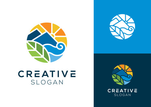 Sun, mountains, water and leaves in abstract style logo design for nature, landscape and vacation