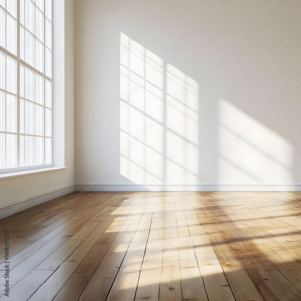 Poster sunlit corner room: sunlight streams through a large window, casting shadows on the floor and white 