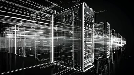 Abstract representation of data servers with dynamic light trails illustrating data flow in a digital environment - Powered by Adobe