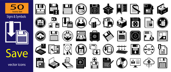 Collection of Save Icons and Symbols in Black and White Vector Design EPS vector.