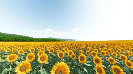 Sunflower field in full bloom stretching towards the horizon on a clear sunny day