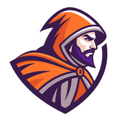 Mystical Warrior Character with Orange Hooded Cloak for Gaming and Branding Designs