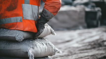 Fototapeta premium Laborer stacking lithium ore sacks at a mining facility for transport. Featuring material handling