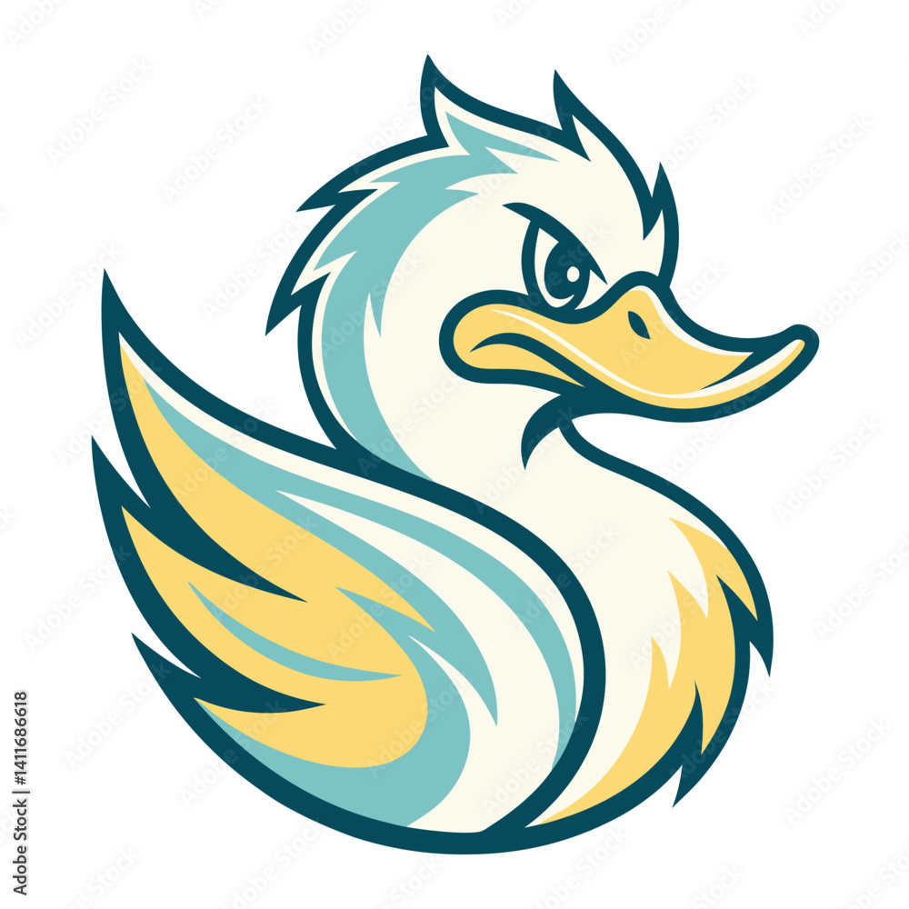 Poster stylized duck illustration with bold colors and dynamic features for creative projects