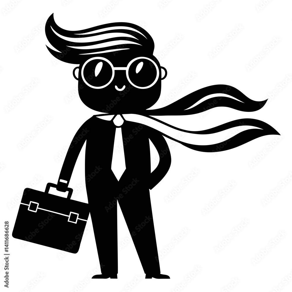 Poster confident businessman character with sunglasses and briefcase in dynamic pose for creative projects