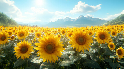 Obraz premium Vast sunflower field in bloom under a clear blue sky with mountain backdrop in summer light